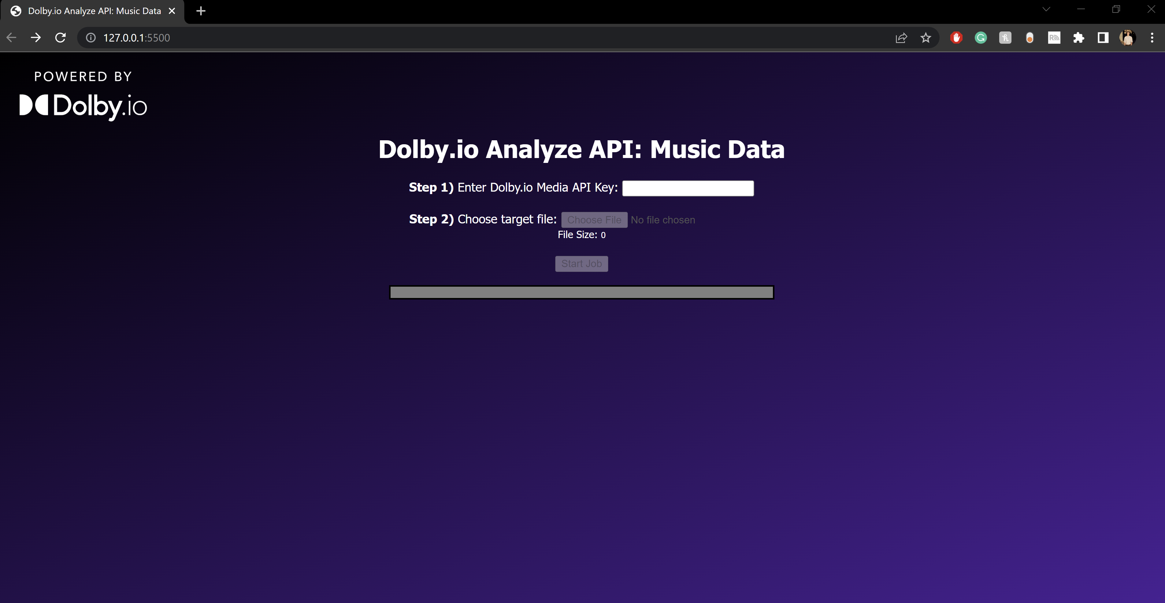 The starting screen of the dolby.io Analyze API Music Data Web app found here:https://github.com/dolbyio-samples/blog-analyze-music-web. SOCAN, Loudness, Music, Video, Analyze Media API