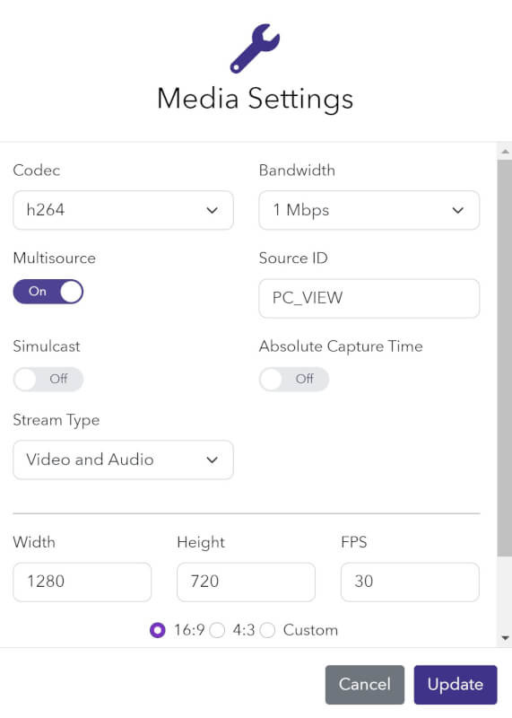 An image of the purple and white settings panel inside of the dolby.io streaming web broadcaster. In the image multisource is enabled and the Source ID is set to a unique identifier.