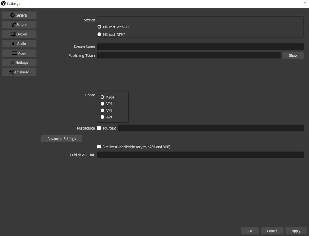 Image of OBS stream settings including a number of options from codec, multisource, and simulcast. In the image H264 is selected.