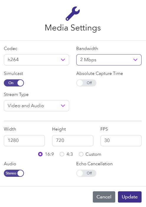 Example of the dolby.io Streaming Broadcaster settings. You can see the H264 codec is selected and Simulcast switch is turned on. The broadcaster also contains options to throttle bandwidth, stream type, dimensions, and a button to update with the new settings.