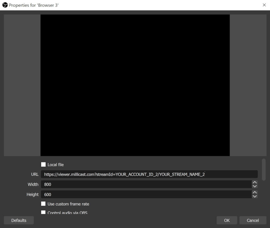 Image highlighting the inputs required in the browser source object.
