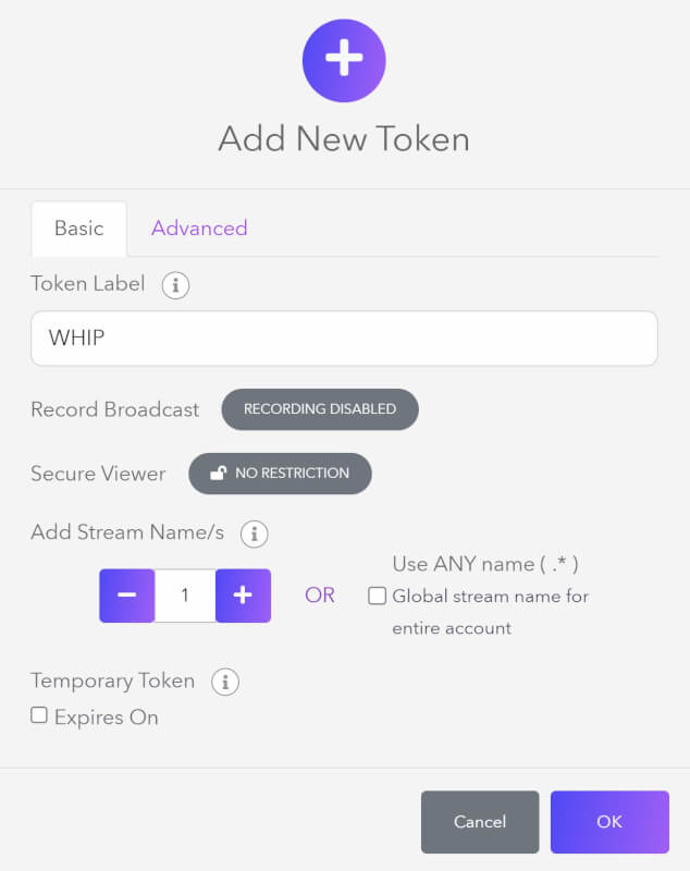 The dolby.io streaming dashboard token creation widget. The token label is set to WHIP otherwise all other settings are ignored on the image.