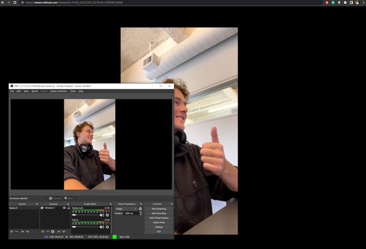 The author streaming from his phone to OBS, then from OBS to the web.