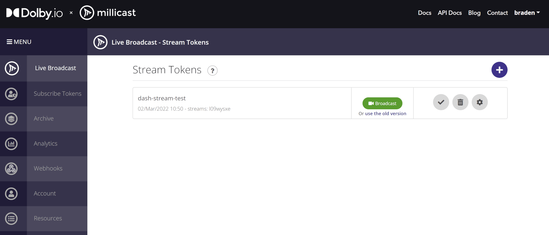 The Millicast dashboard landing page. Build a quality ultra low latency livestream platform that can support hundreds of thousands of viewers with just a few lines of JavaScript by leveraging the power of WebRTC and dolby.io Millicast.