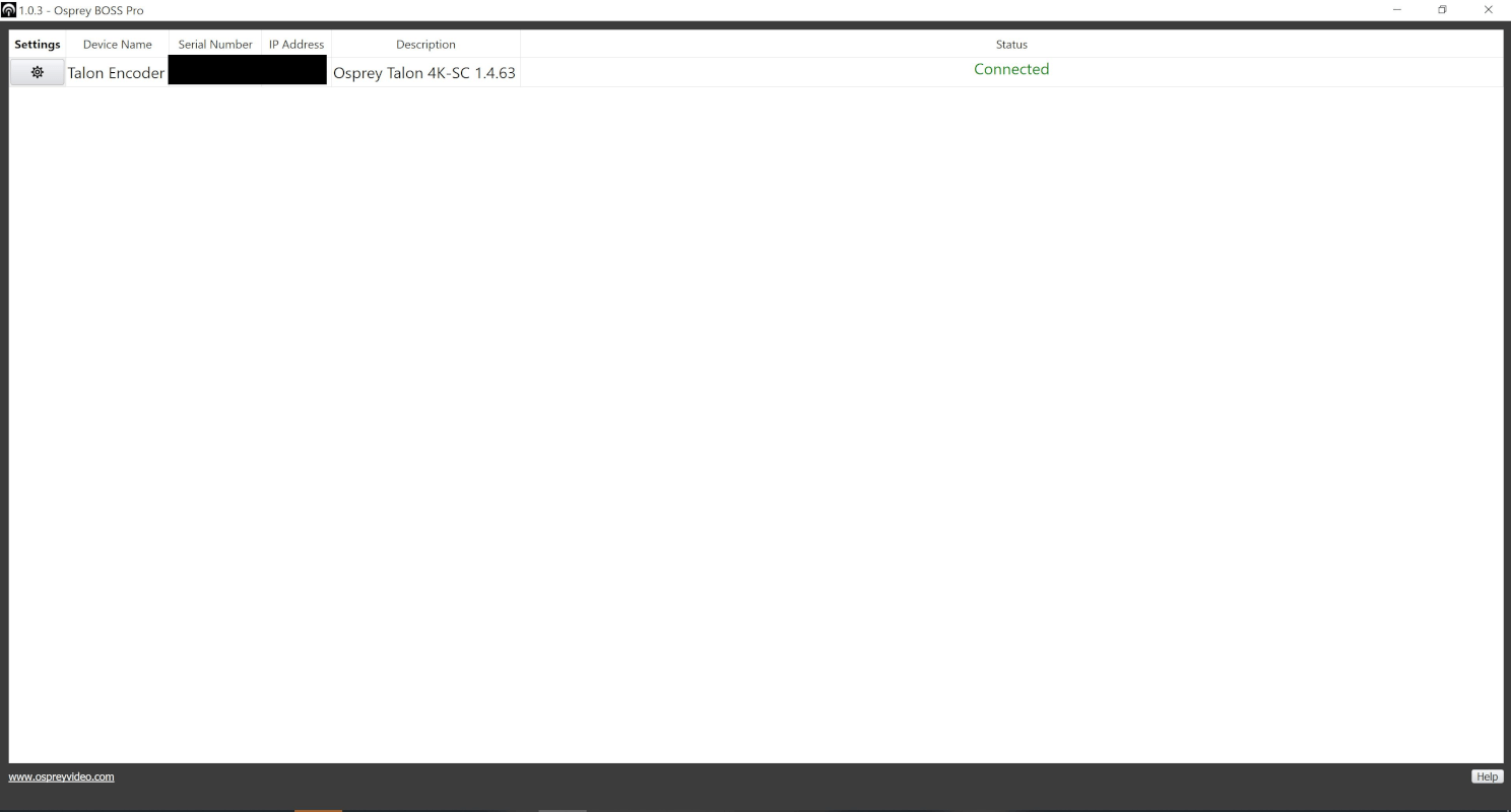 The image shows the Osprey BOSS user interface where you can see the encoder connected via the local network.