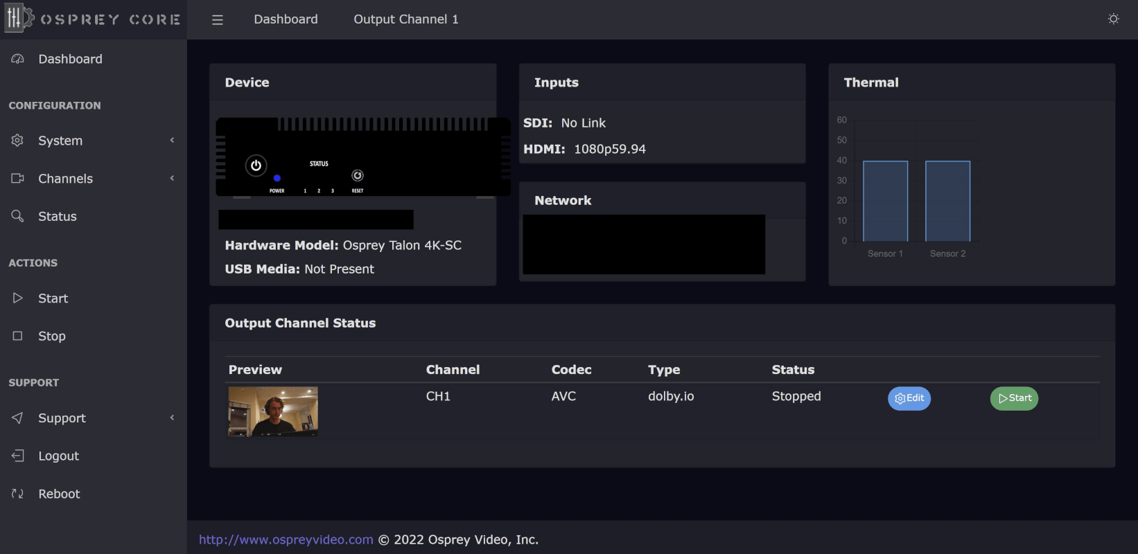 An image of the Osprey Web Interface dashboard providing information on the encoder, connections, and thermals of the device. 