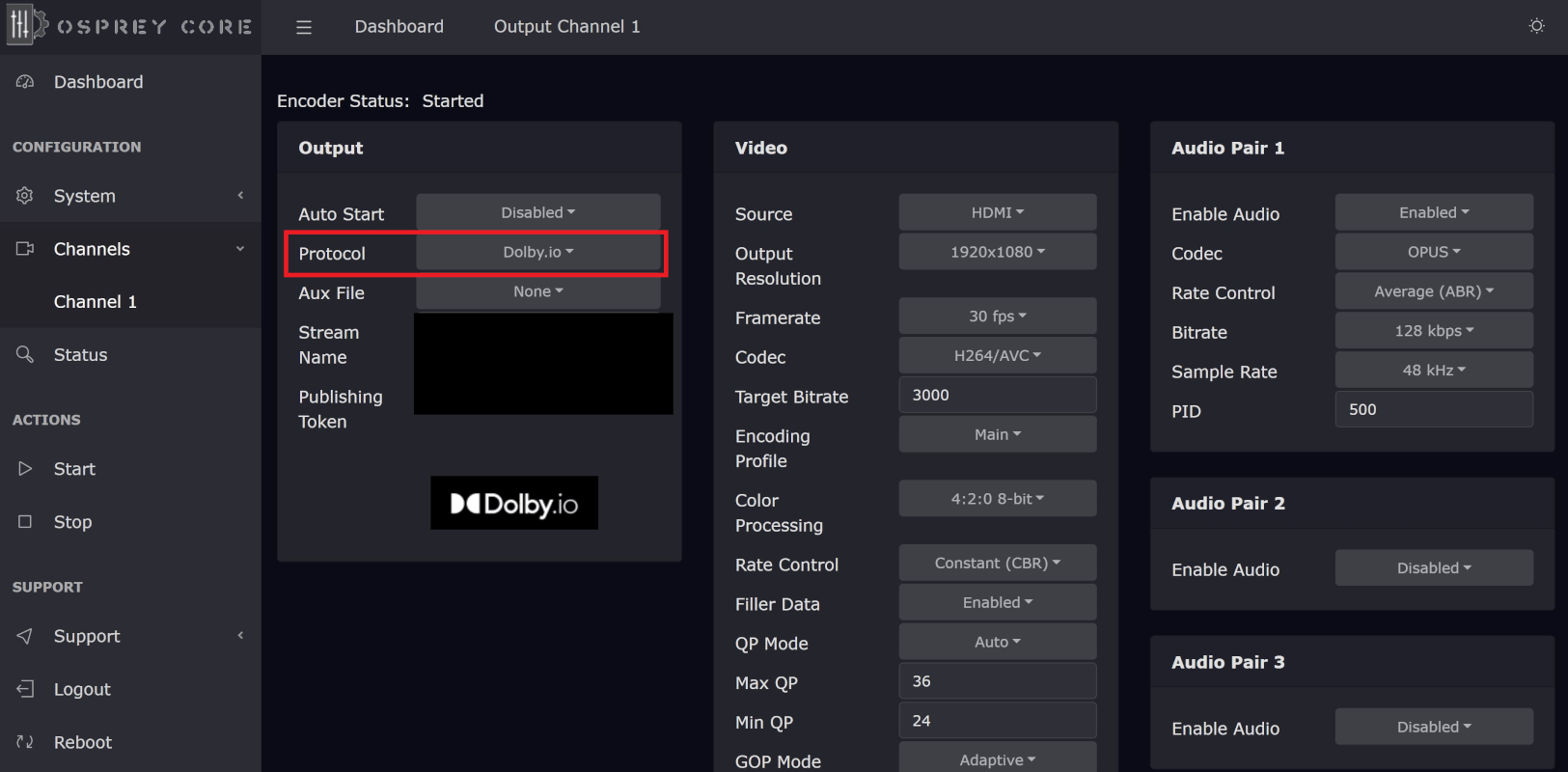 The channels tab of the web interface with the protocol highlighted to indicate that the protocol should be set to WebRTC dolby.io. Additionally the stream name and publishing tokens are blurred out.