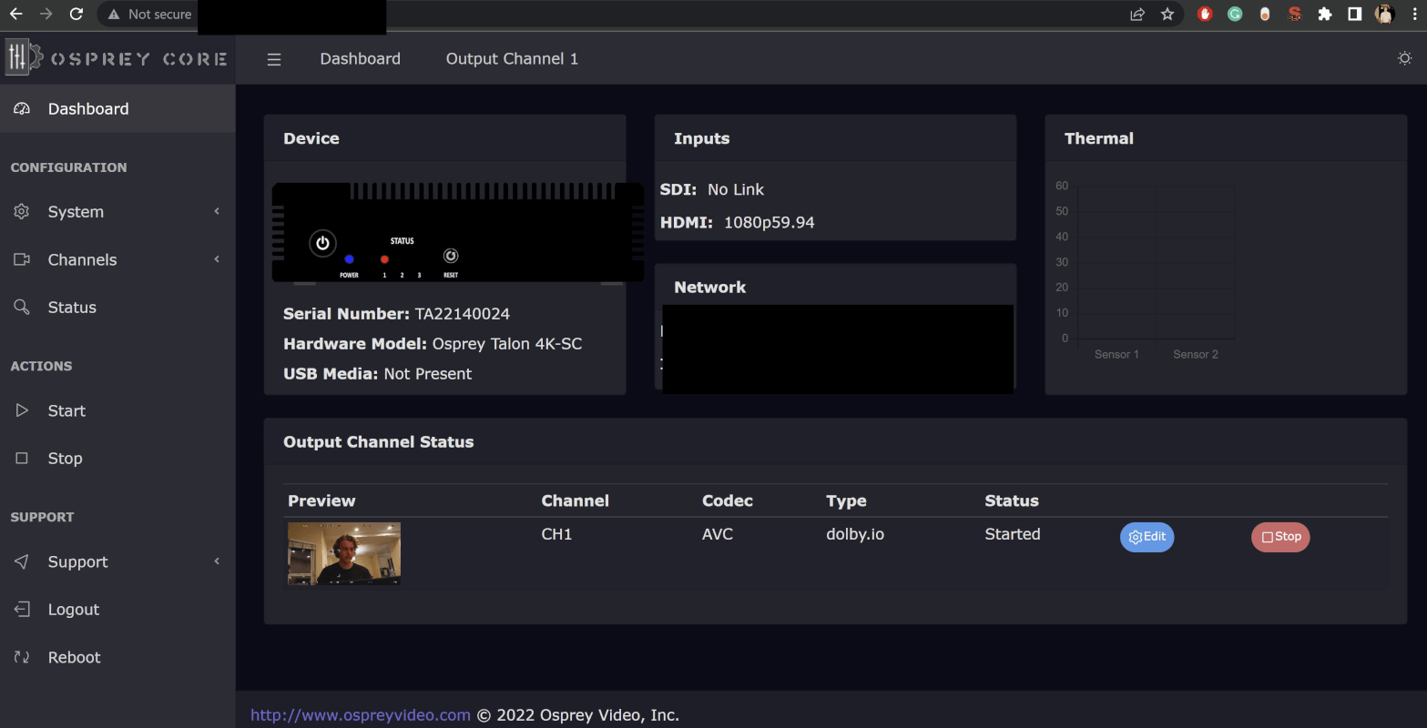 Image of the Osprey web interface dashboard. The output channel status now says the stream has started and includes a preview image captured by the camera.