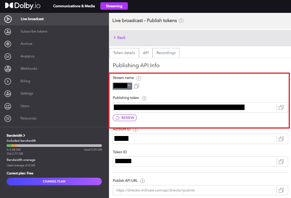 The dolby.io streaming dashboard with the publish api info section highlighted in red to indicate the importance of stream name and publishing token in connecting up to the dolby.io servers.