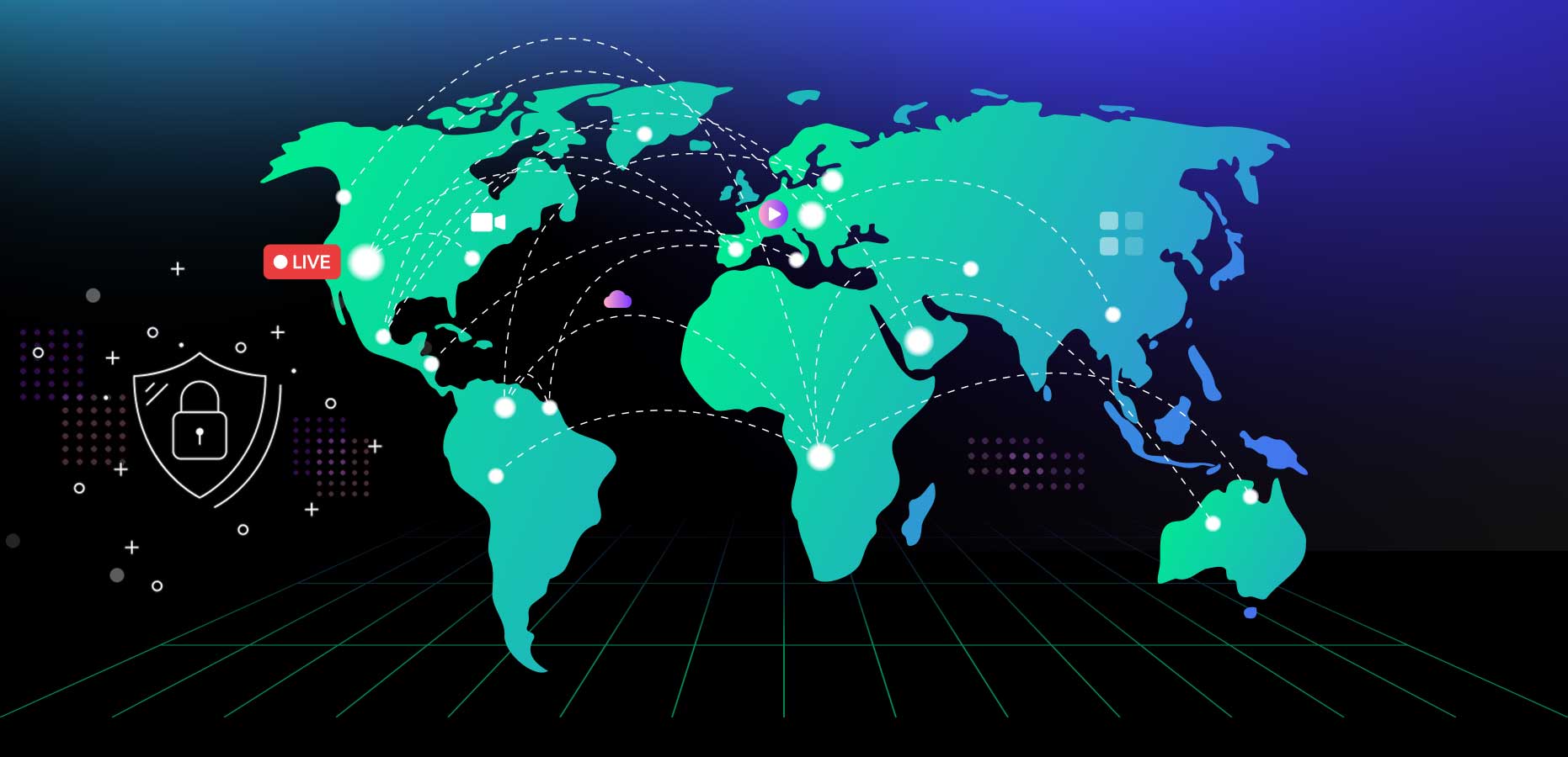 Global map illustrating a CDN scaling streams across the globe with a secure lock icon
