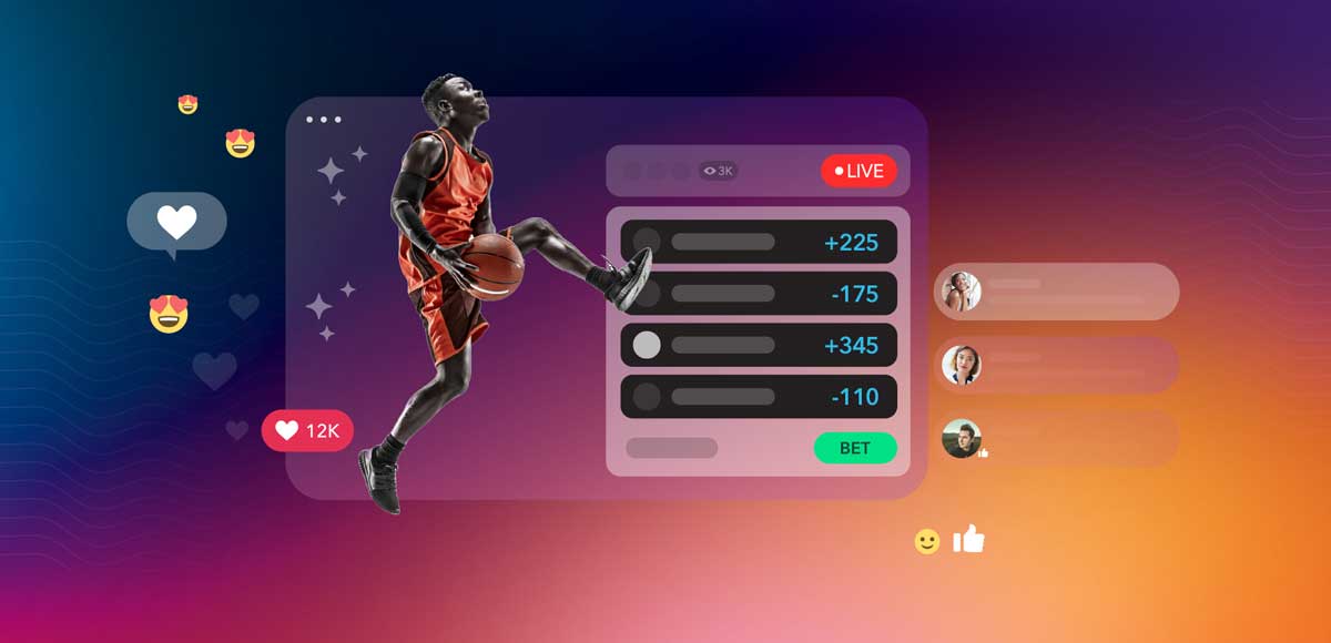 Basket ball player holding ball  and jumping. Live data to the right showing betting odds and heart emojis to the left