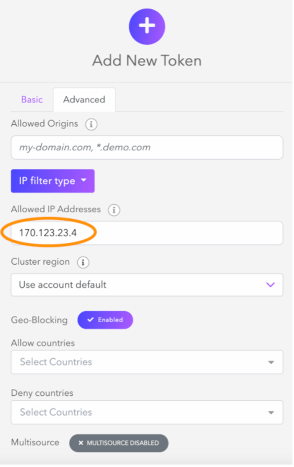 Dolby Millicast Add New Token screen highlighting allowed IP addresses