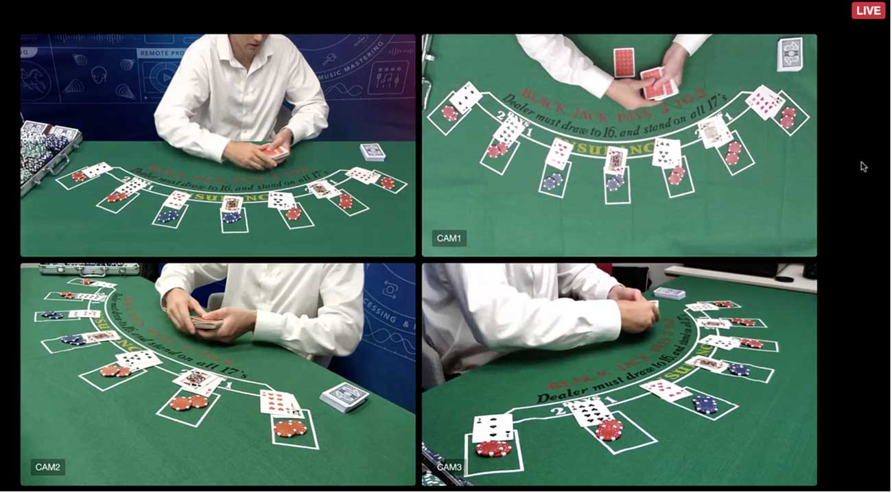 live stream of multiple simultaneous views of a black jack dealer 