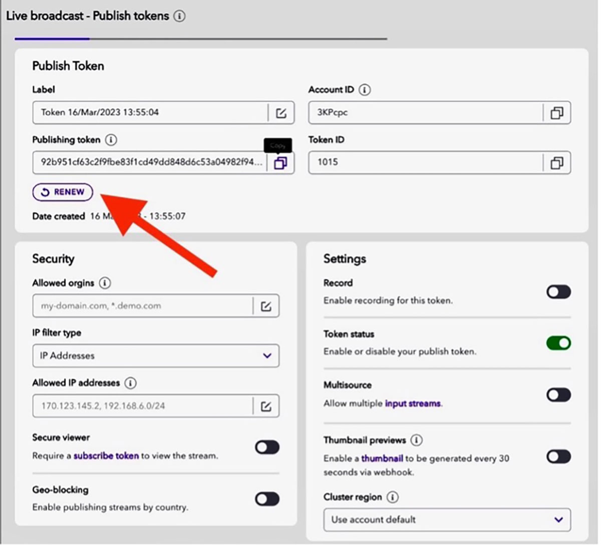 Dolby Millicast live broadcast screen showing how to publish a token with a red arrow pointing at renew