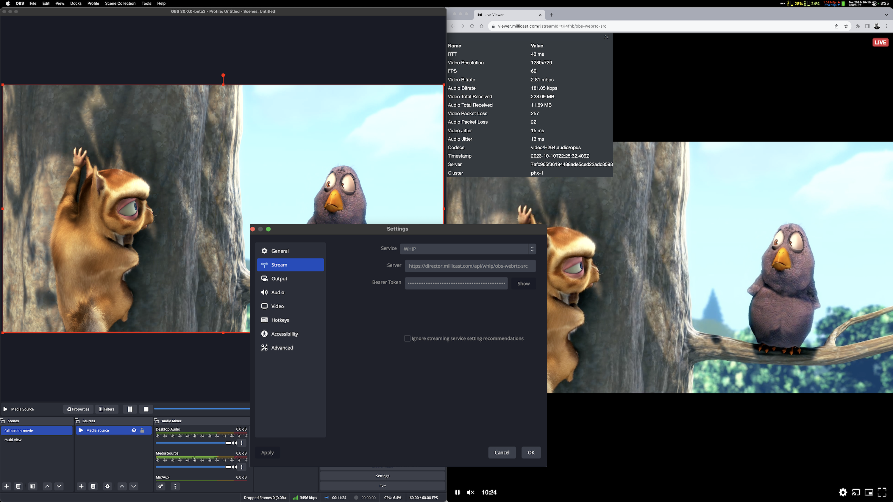 Streaming with WHIP to dolby.io Millicast Viewer