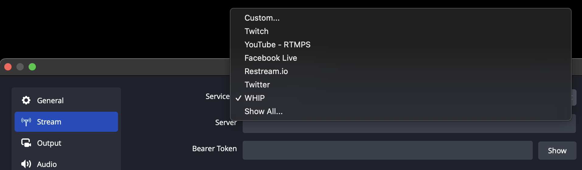 Stream Service Menu with WHIP