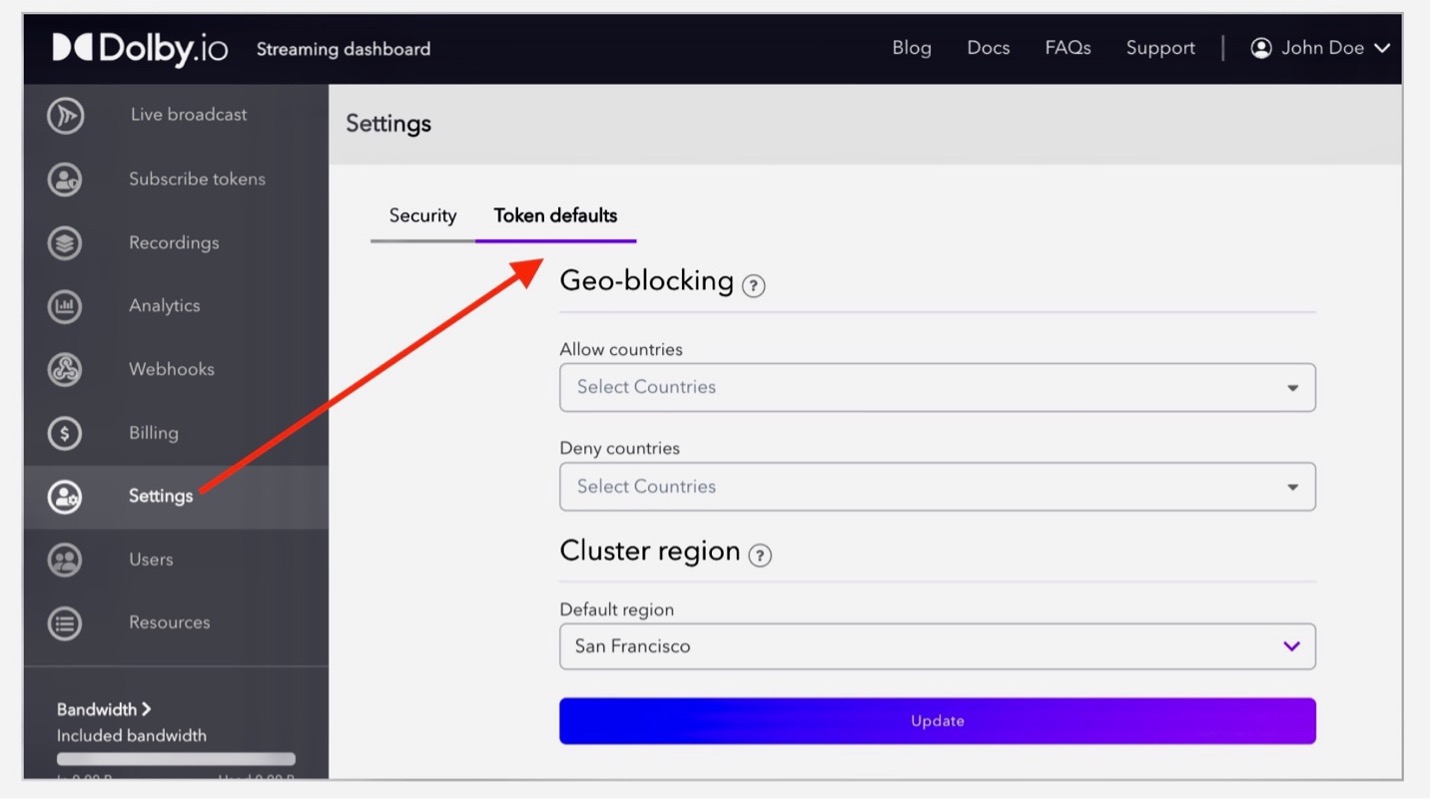 Dolby Millicast showing Setting screen and Token defaults tab