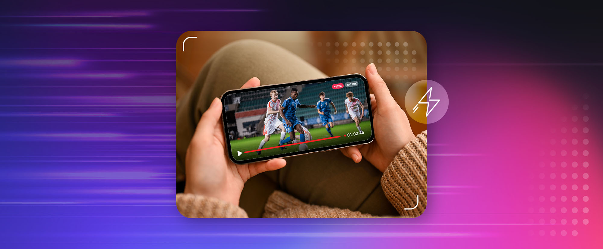 image of woman holding phone of a live sports broadcast of a soccer game streaming live