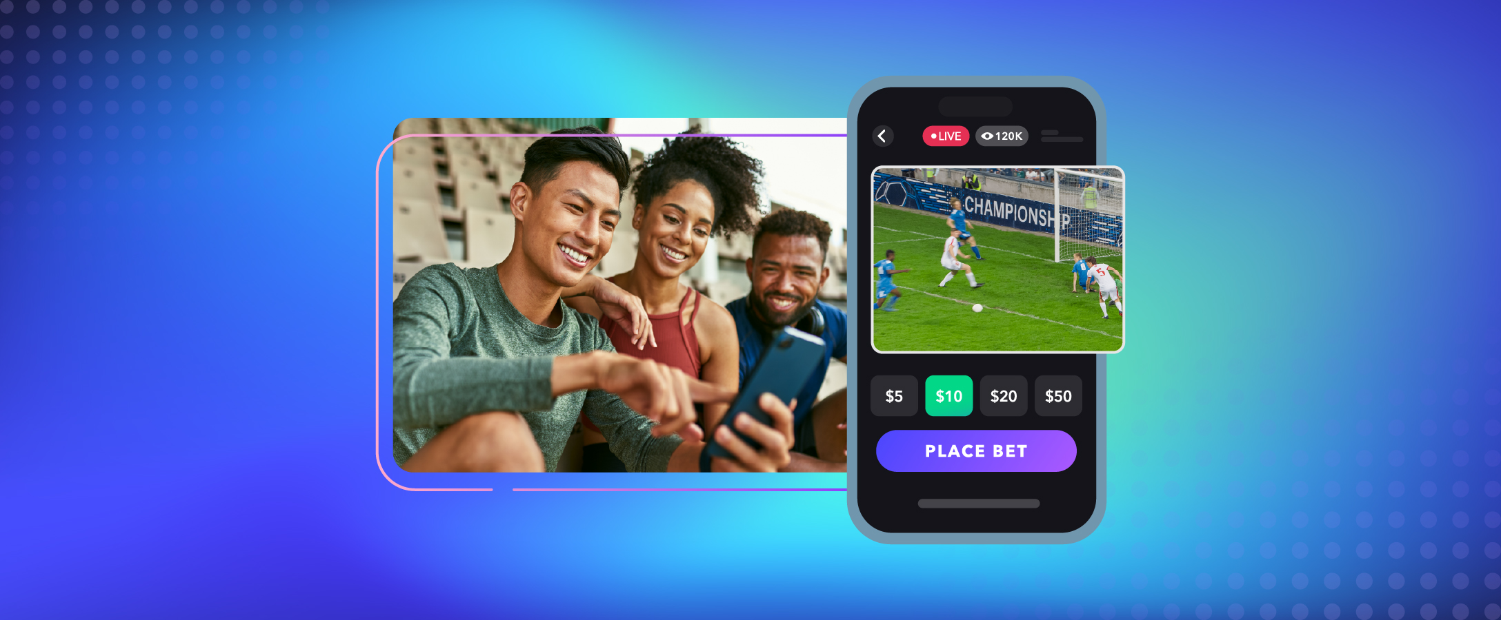 group of friends watching mobile phone of live game with in game betting