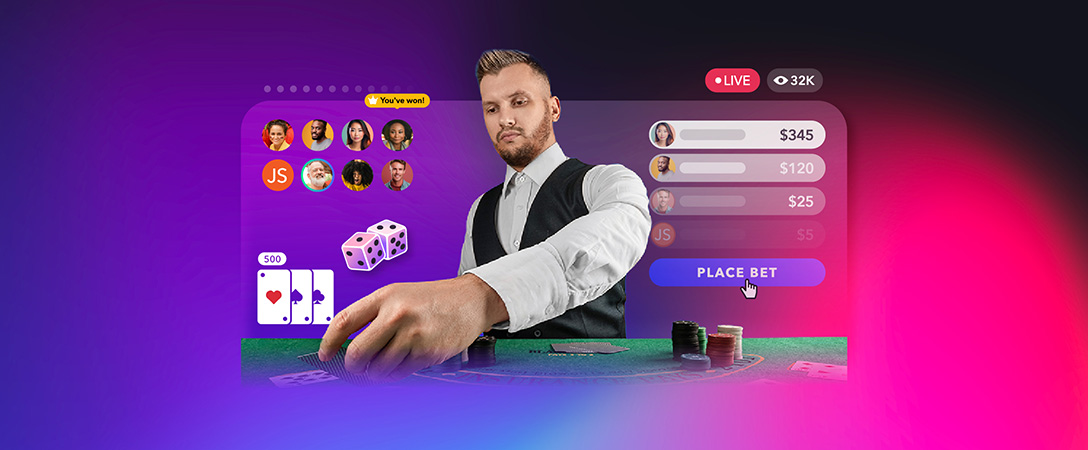 blonde man dealing cards at casino table on live stream