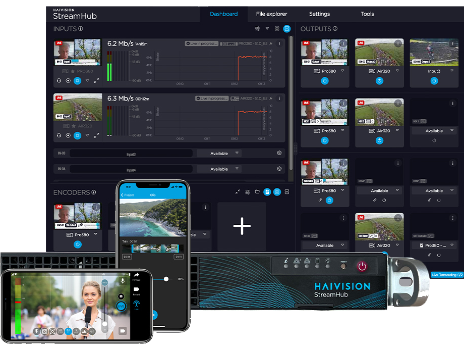 Haivsion Streamhub dashboard and live streams