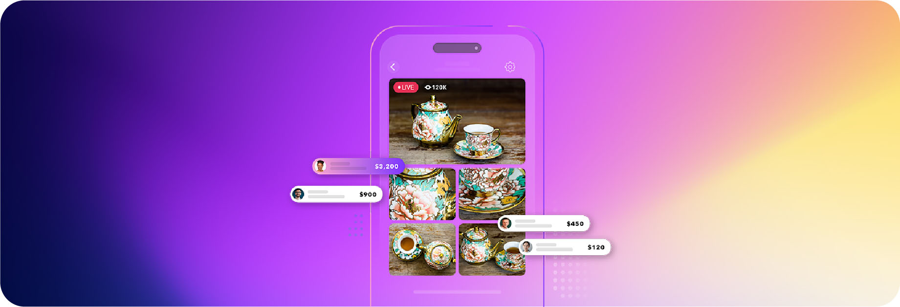 Live auction with tea set with multiple views and angles of the detailed flowers on the tea set
