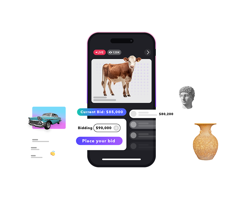 Multiple use cases for live online auction featuring a cattle auction, car auction, collectors items auction