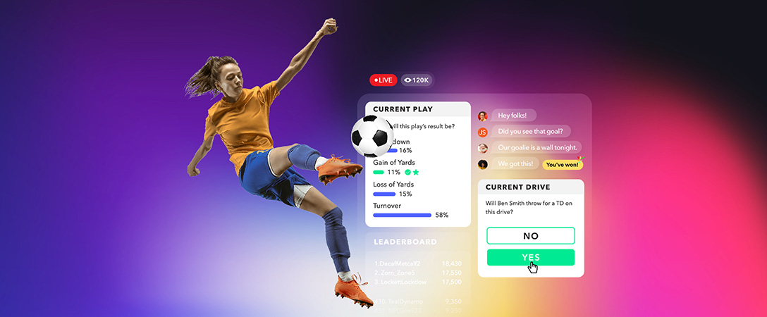 female soccer player kicking ball with gradient background and polls and leaderboards featured behind her