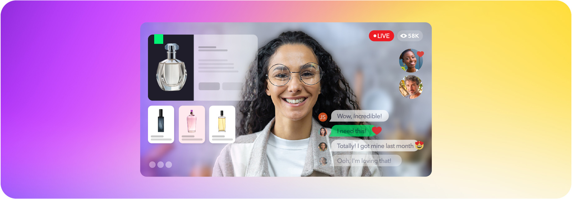 live shopping stream of woman selling fragrances with interactive audience comments