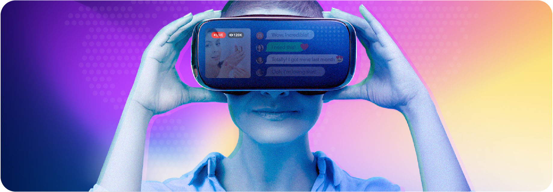 woman wearing VR headset for live online shopping