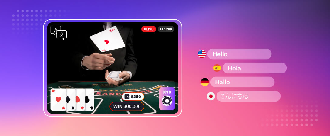 blackjack dealer dealing cards with different translations on the side