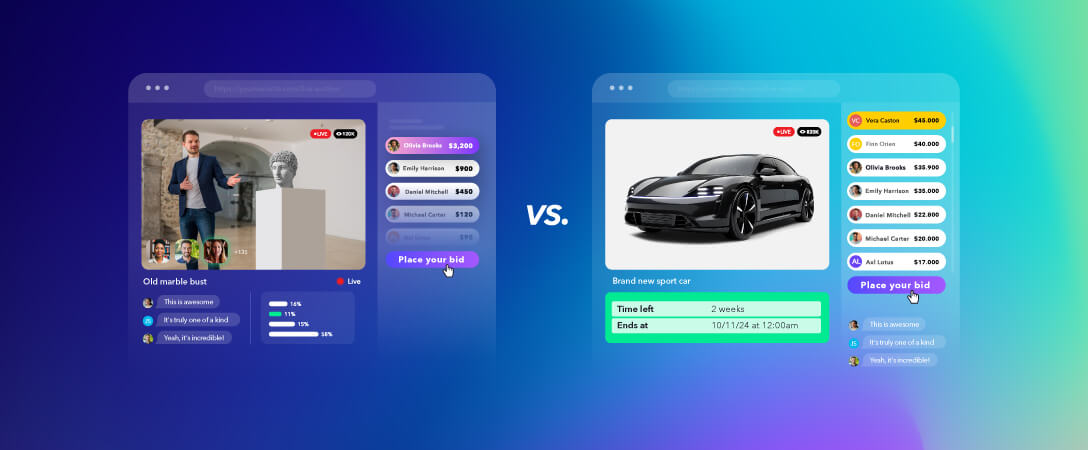 Live online auction interface with live auctioneer showing a piece of art to audience versus timed online auction of an automobile