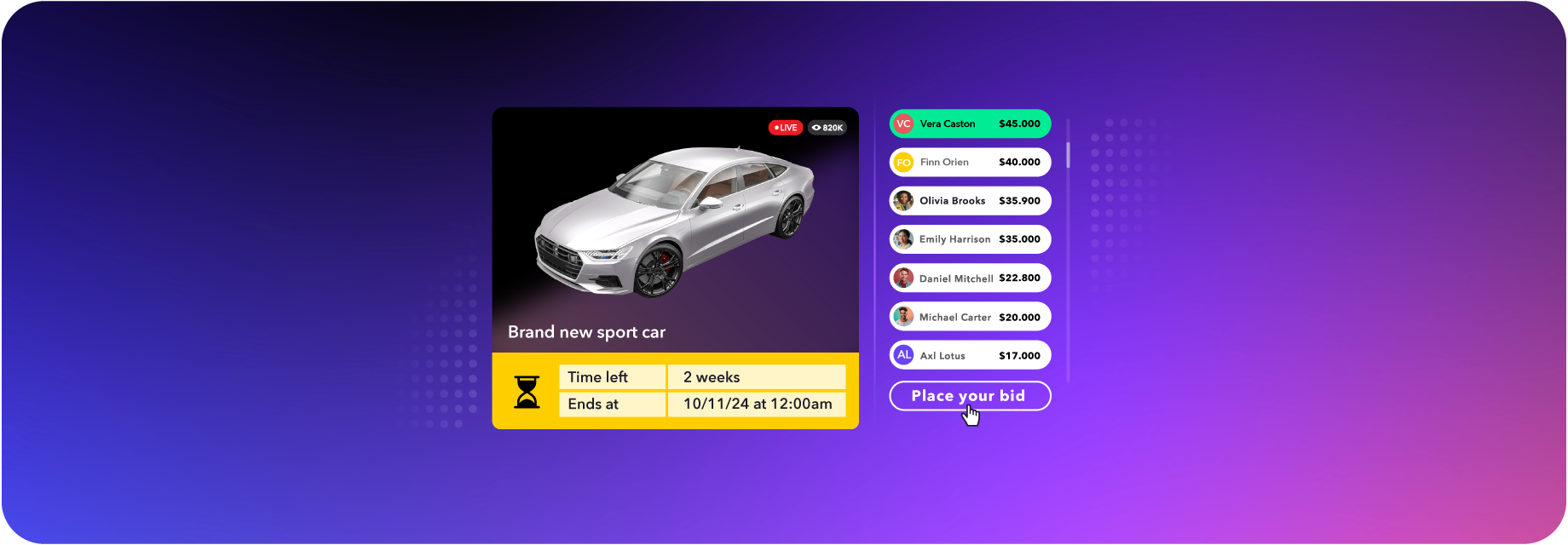 Timed auction for a brand new sports car 