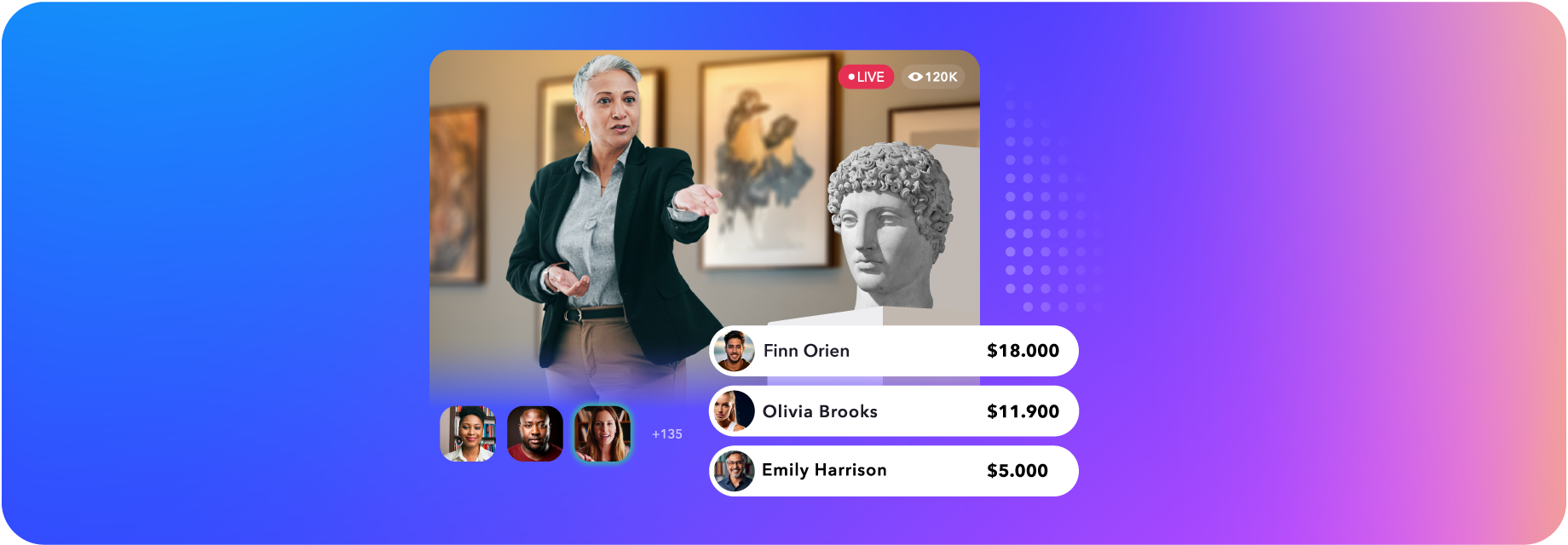 A live auctioneer showing off a piece of art to live auction audience