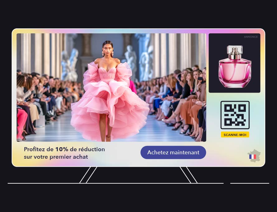 precision-delivery-maximum-engagement@1.6x-50 fashion show with a woman in a pink dress walking down the runway with an l-shape format ad advertising a perfume to the viewer