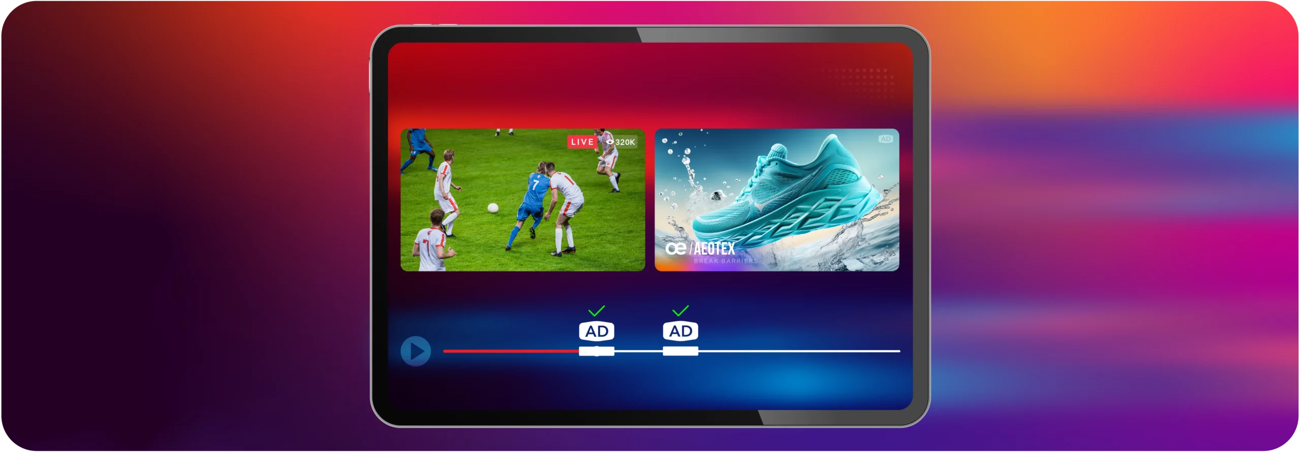 stream of soccer game and shoe ad, with sgai double box format