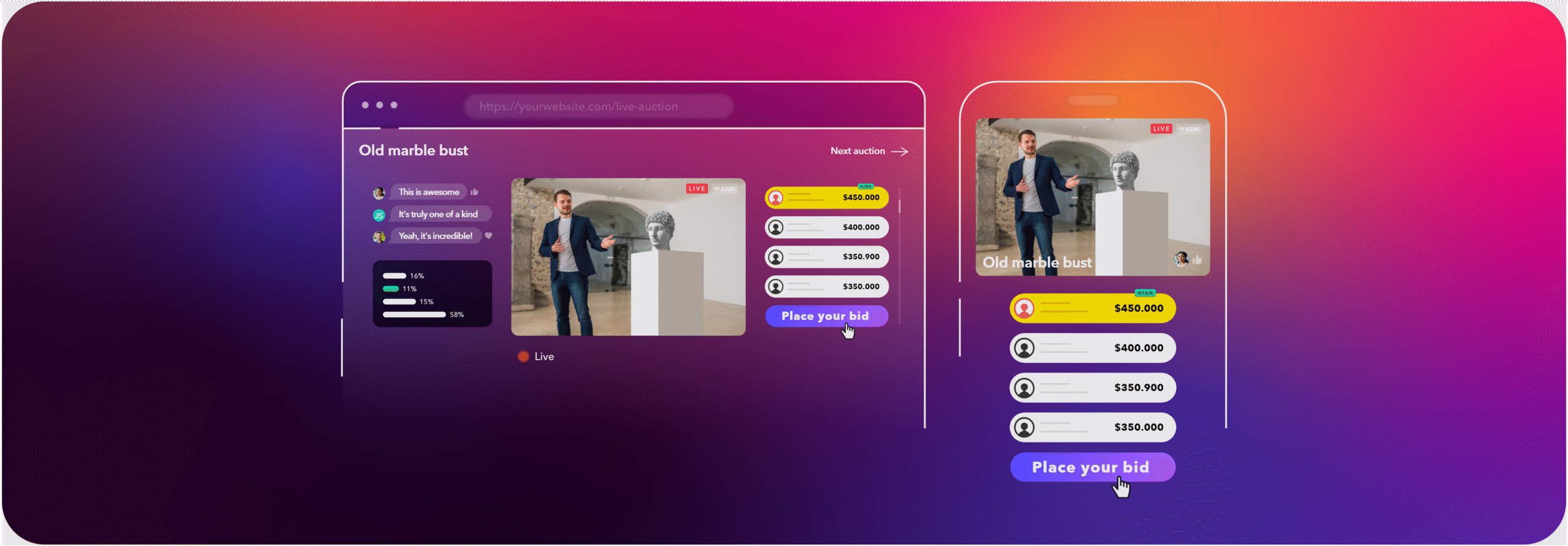 live auction stream interface with live auctioneer and antique, & desktop and mobile optimization